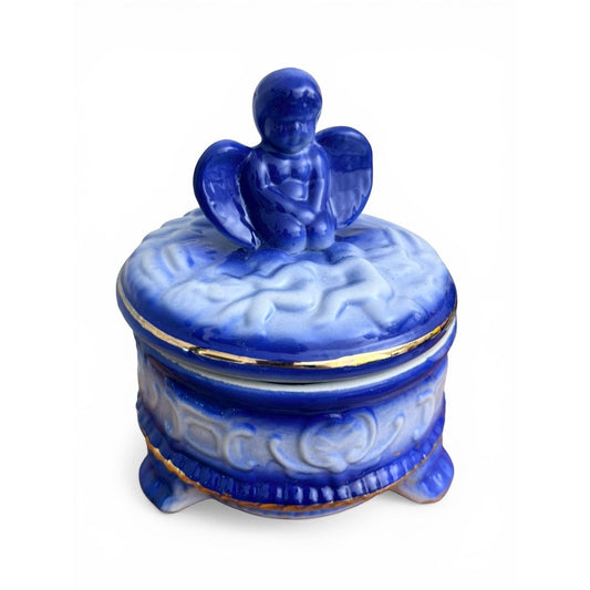 Vintage Blue & White Ceramic Angel Trinket Box w/ Gold Trim | Footed Vanity Jar | Cherub Lid