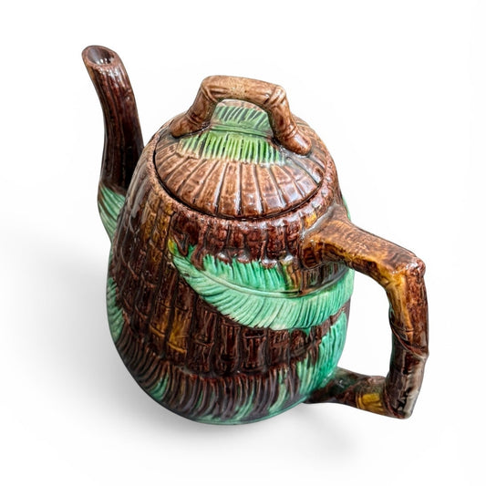 Vintage Bamboo Majolica Style Teapot – Hand-Painted Ceramic Tropical Leaf Design w/ Lid