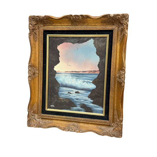 Vintage Coastal Seascape Oil Painting by Dottie Telles – Framed Beach Cave Scene Wall Art – Ornate Gold Frame – 1970s 1980s Decor