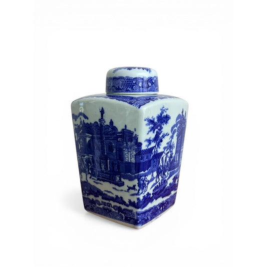 Vintage Blue & White Chinoiserie Lidded Ginger Jar / Tea Caddy Style Vase