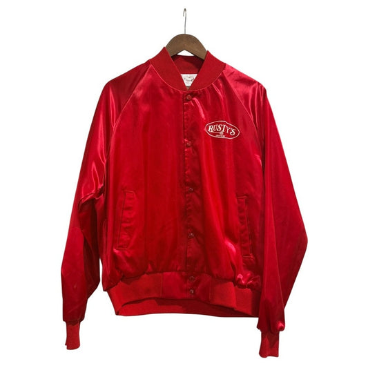 Vintage Rusty’s Grocery Satin Bomber Jacket Red USA Made Fort Worth Texas Advertising Jacket L