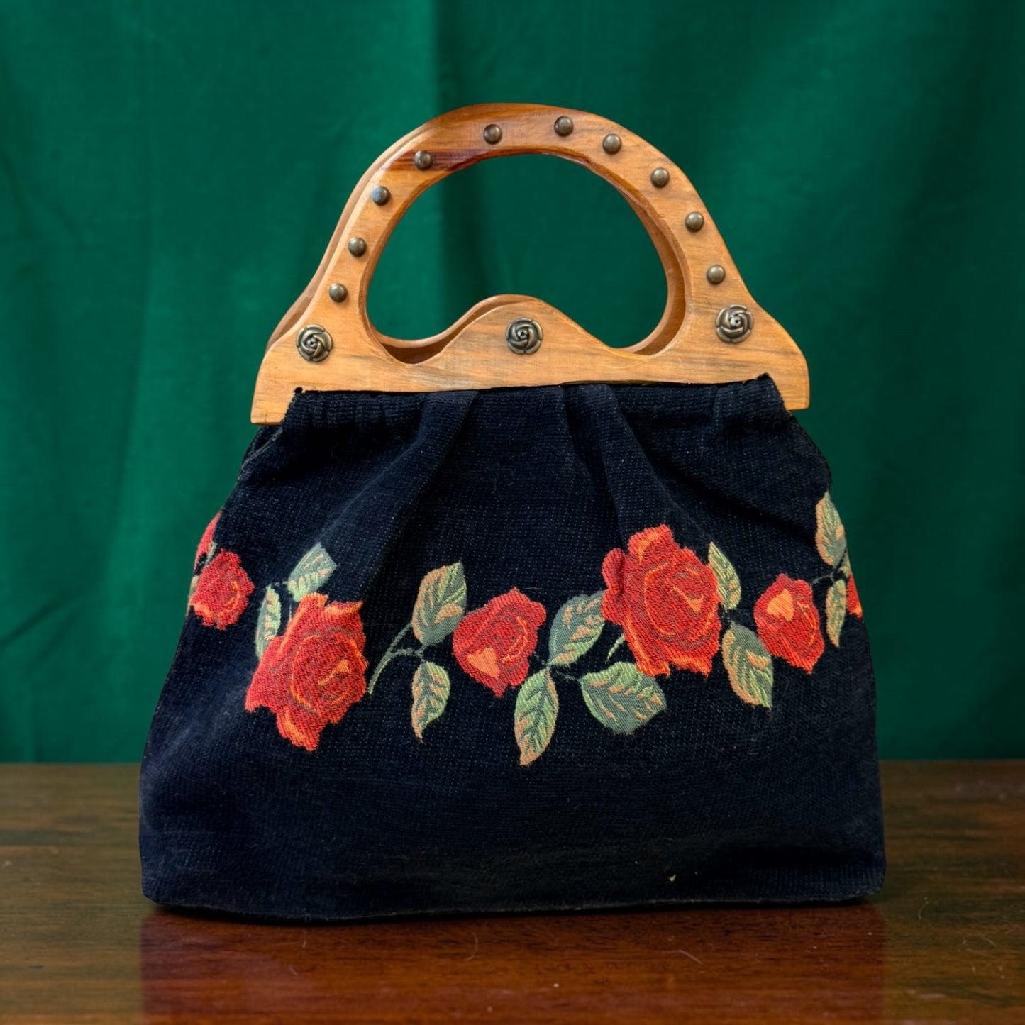 Vintage 70's Floral Needlepoint Handbag Wood Handle | Black Velvet Rose Purse