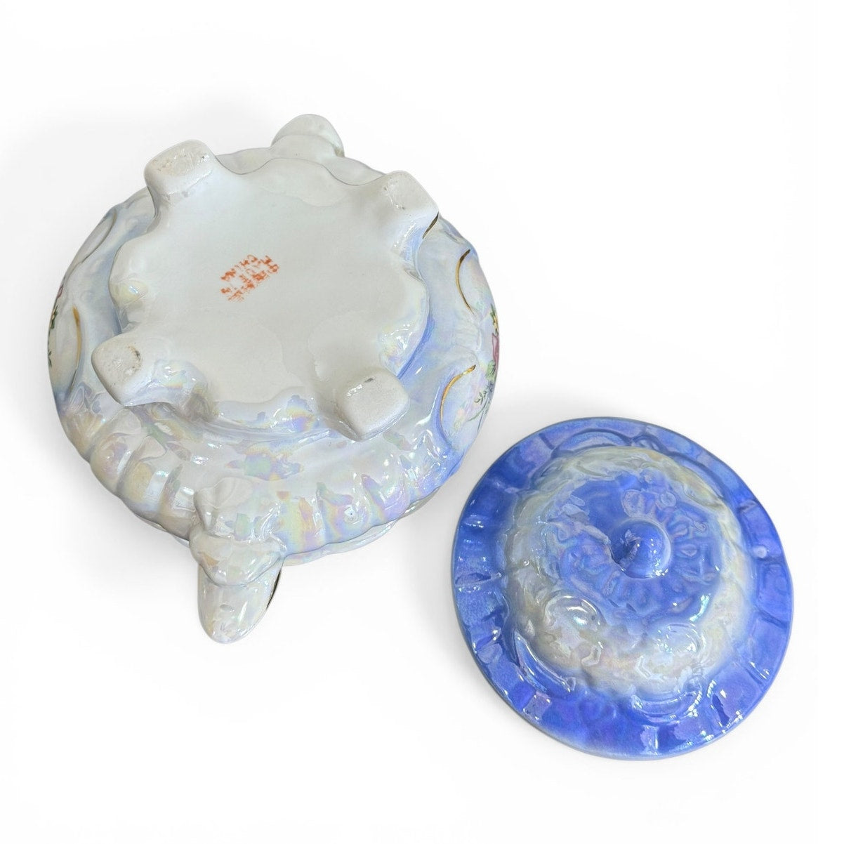 Iridescent Blue Lidded Dish / Footed Trinket Bowl