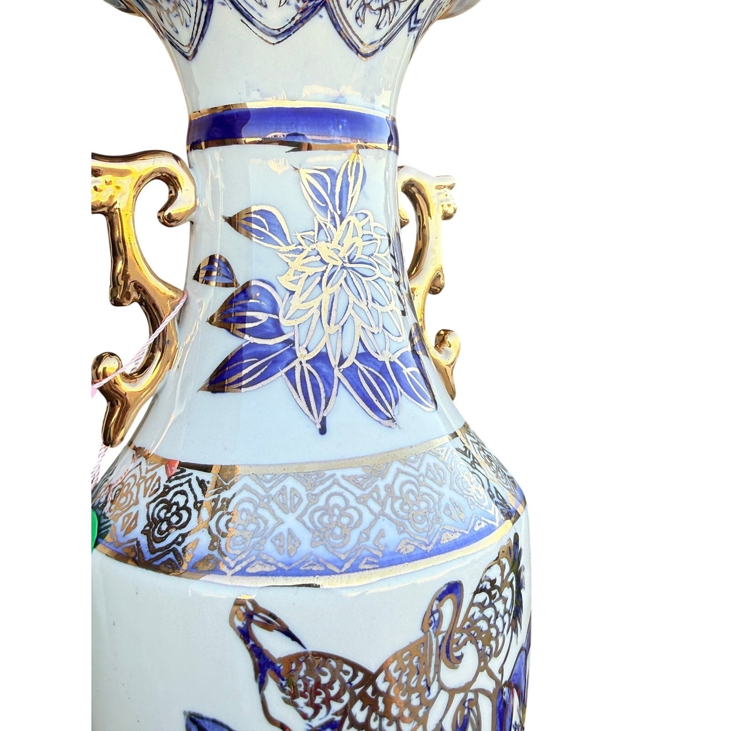 Vintage Blue & Gold Crane Vase | Double Handle Porcelain Vase | Asian Style Floral Vase | 13.5” Statement Piece