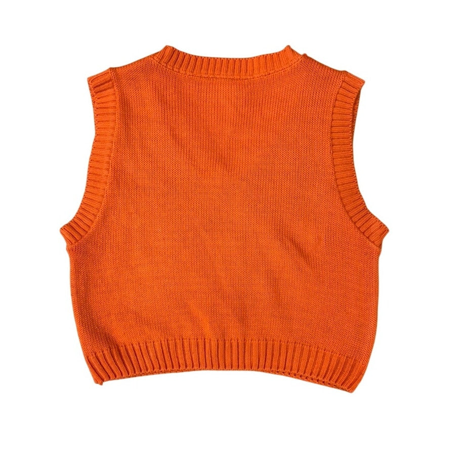Vintage Kids Orange Plaid Sweater Vest Bold Retro Knit Preppy Statement Piece