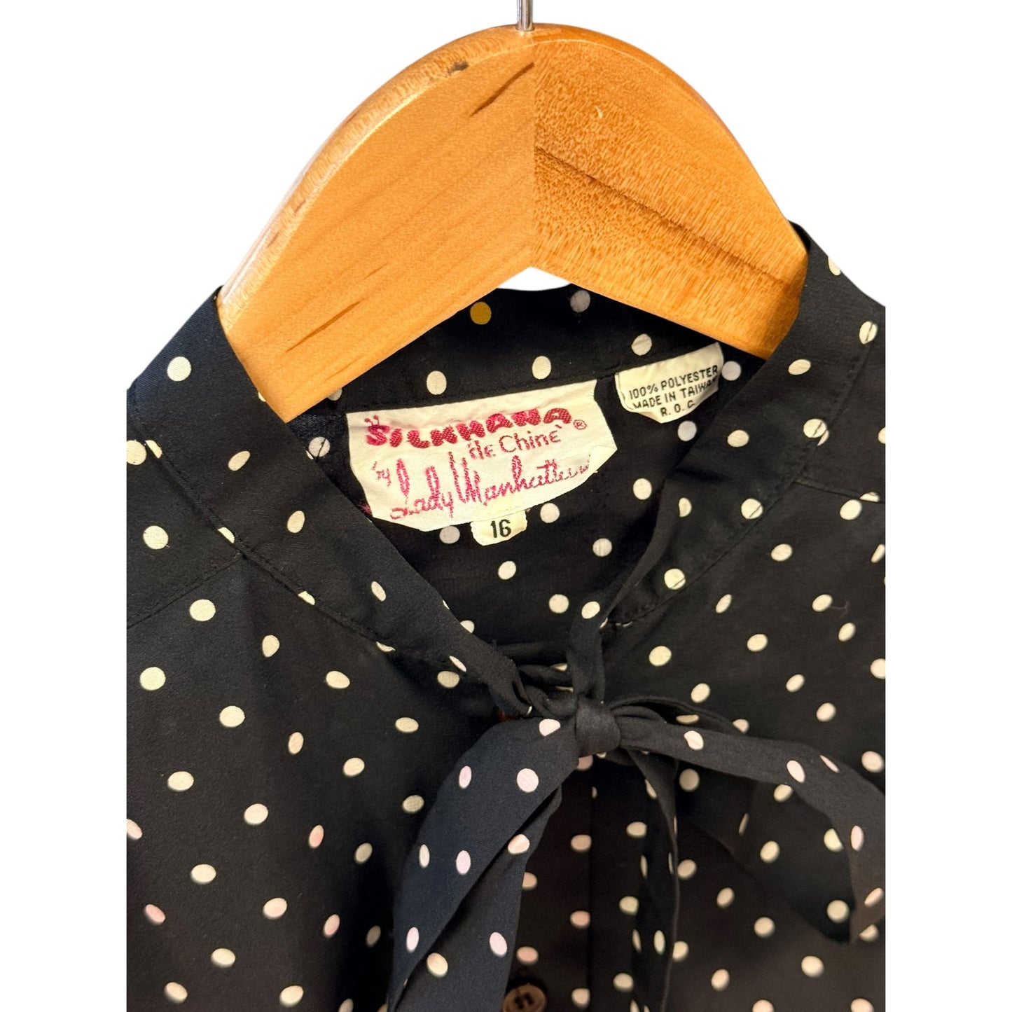 Vintage 80s Polka Dot Blouse Secretary Bow Tie Top Black White Retro Lady Manhattan Size 16