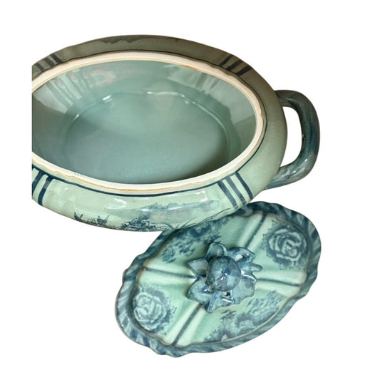 Vintage Green Transferware Tureen w/ Lid & Claw Feet Handles | Decorative Serving Dish