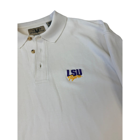 Vintage 90's LSU Tigers Polo Shirt White Embroidered Logo Gear for Sports XL