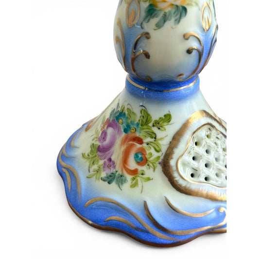 Vintage Hand-Painted Porcelain Candle Holder | Blue Floral w/ Gold Accents