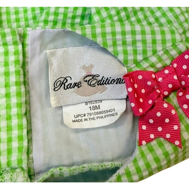 Rare Editions Baby Girl Watermelon Dress 18M Green Gingham Pink Bow Summer Outfit