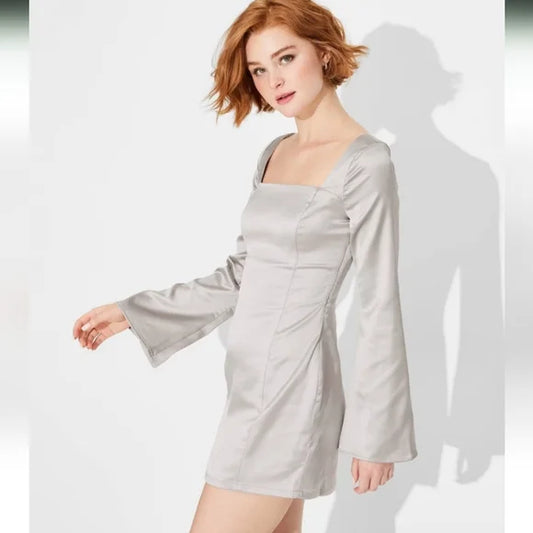 Women's Bell Long Sleeve Satin Mini Bodycon Holiday Dress - Wild Fable Silver XL NWT