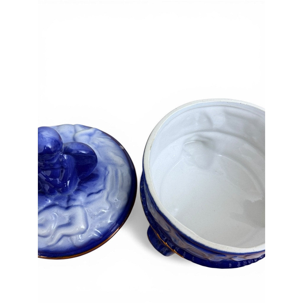 Vintage Blue & White Ceramic Angel Trinket Box w/ Gold Trim | Footed Vanity Jar | Cherub Lid