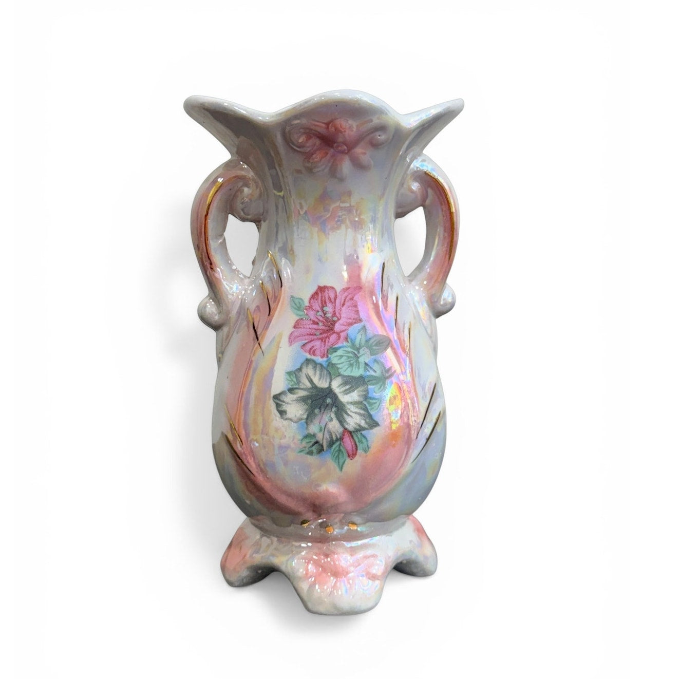 Vintage Iridescent Floral Vase – Pearl Lusterware Ceramic Double Handle Vase