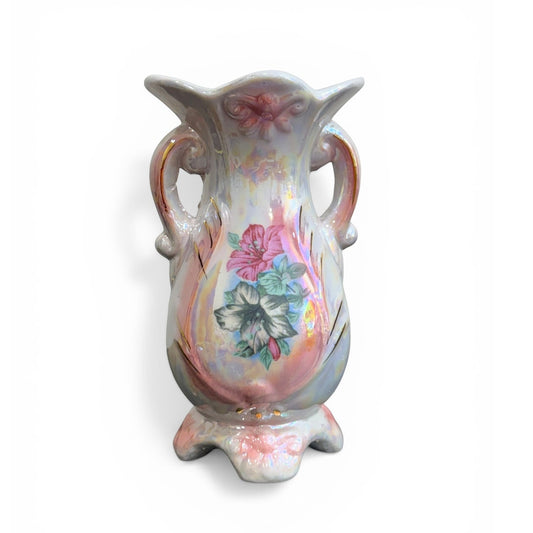 Vintage Iridescent Floral Vase – Pearl Lusterware Ceramic Double Handle Vase
