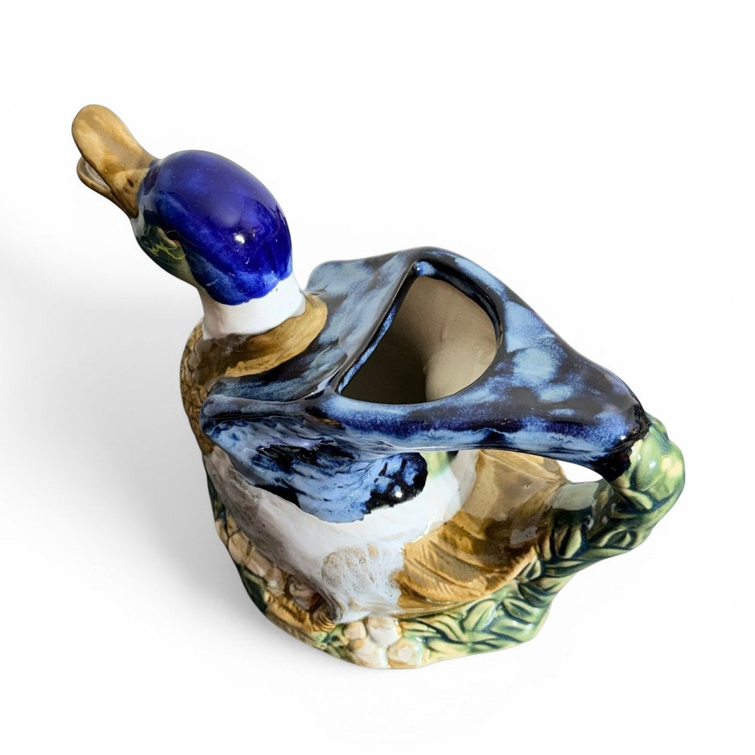 Vintage Majolica Style Duck Pitcher / Planter – Hand-Painted Ceramic Mallard