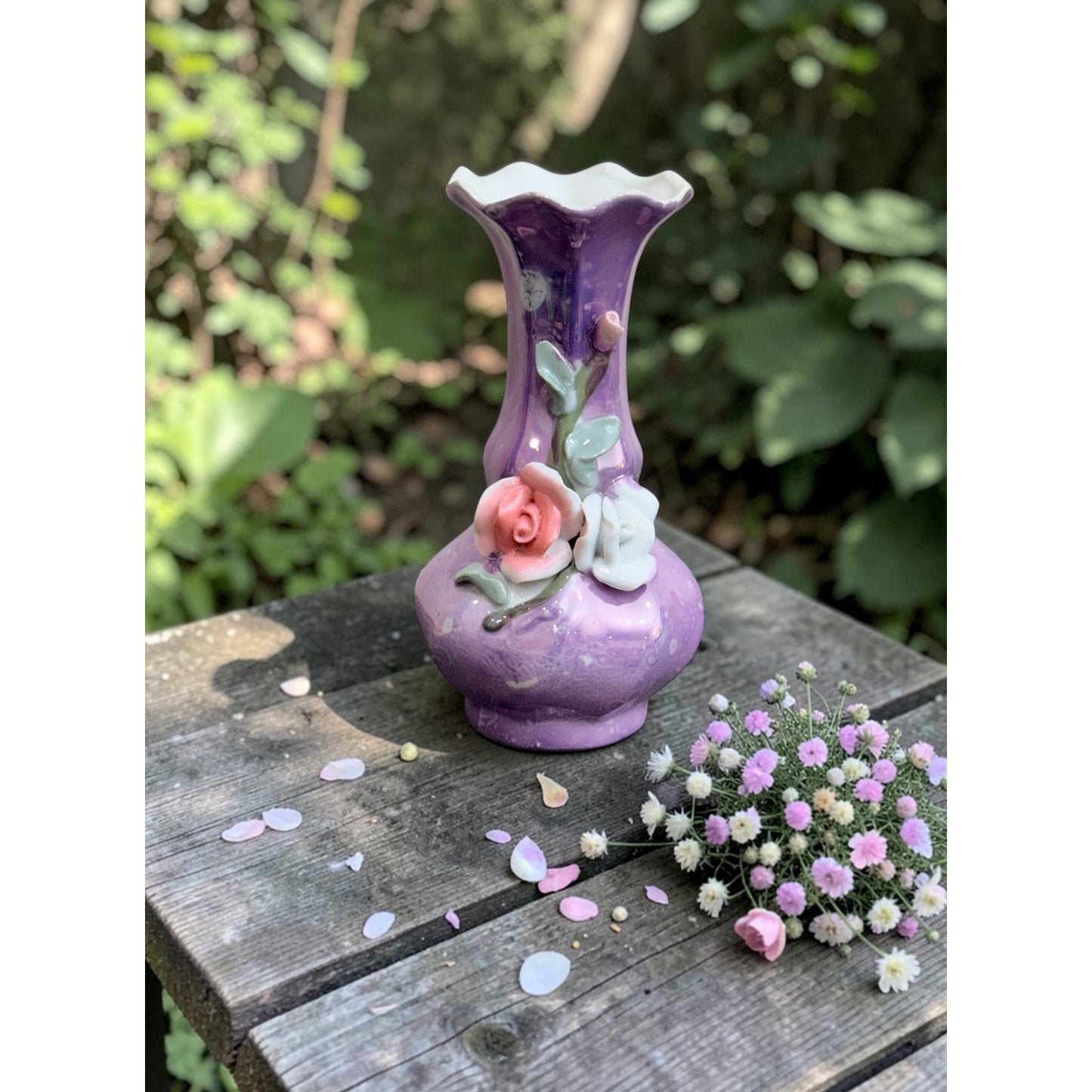 Vintage Purple Porcelain Vase w/ Applied Roses – Japan Style Floral Bud Vase