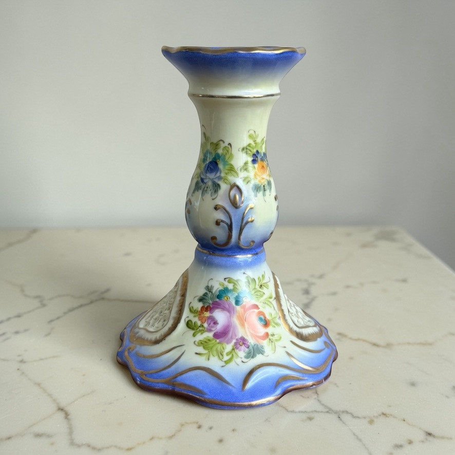 Vintage Hand-Painted Porcelain Candle Holder | Blue Floral w/ Gold Accents