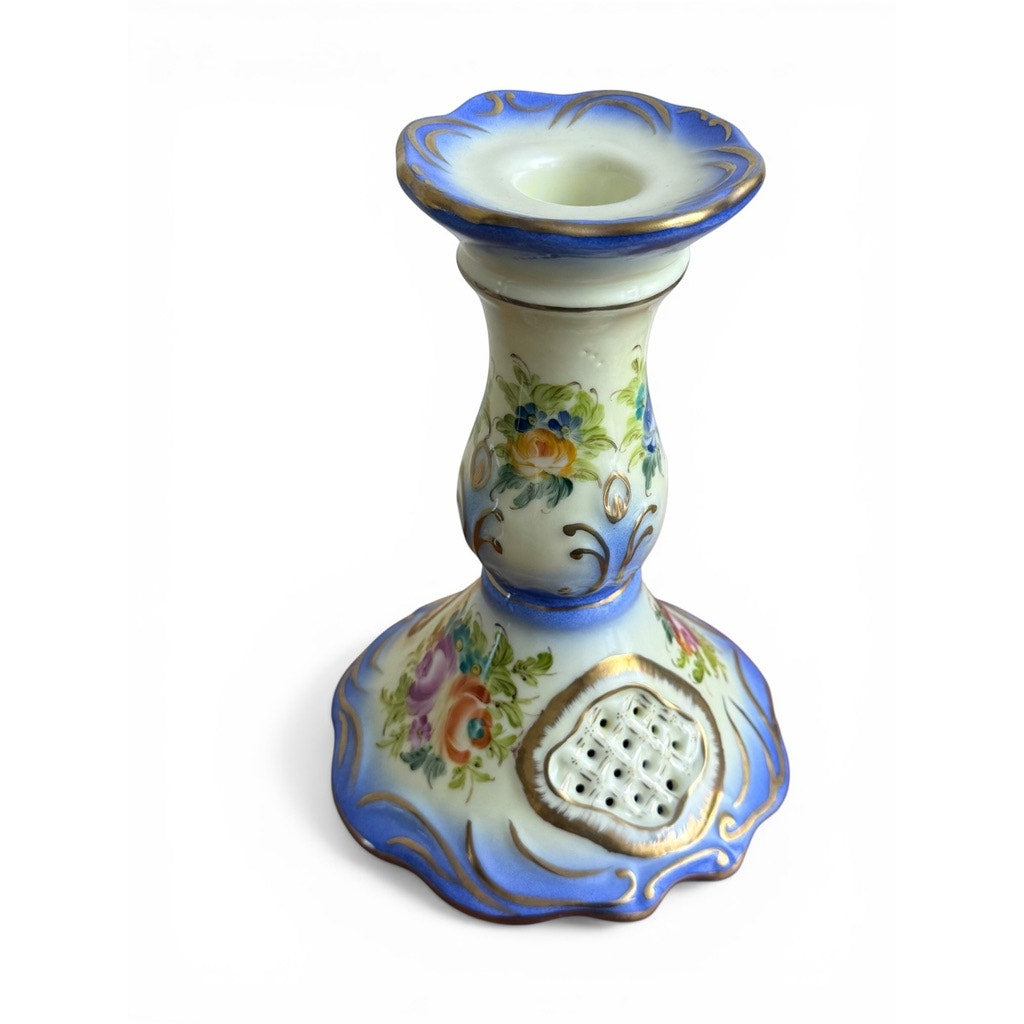 Vintage Hand-Painted Porcelain Candle Holder | Blue Floral w/ Gold Accents