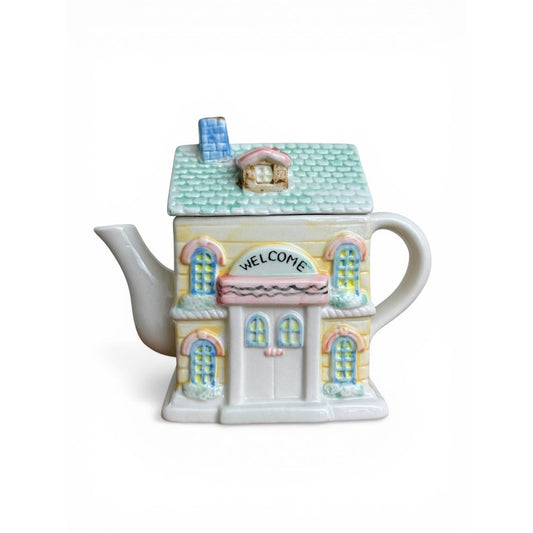 Vintage Ceramic Cottage House Teapot – Pastel Miniature House Teapot with Lid – Whimsical Cottagecore Kitchen Decor