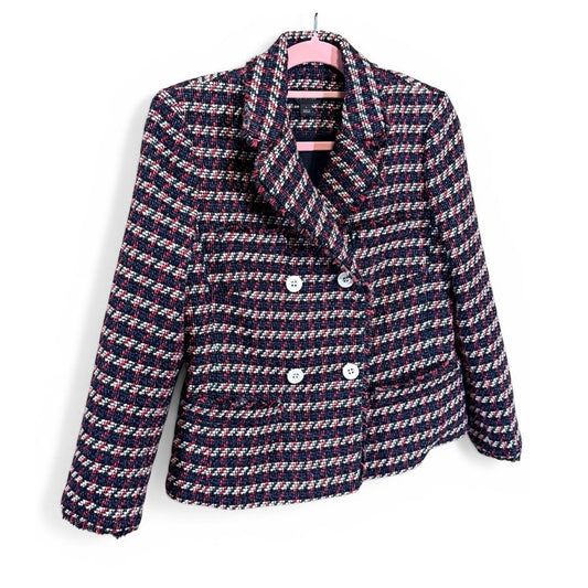 Ann Taylor Tweed Blazer Size 6 Red Navy White Textured Jacket Classic Chic