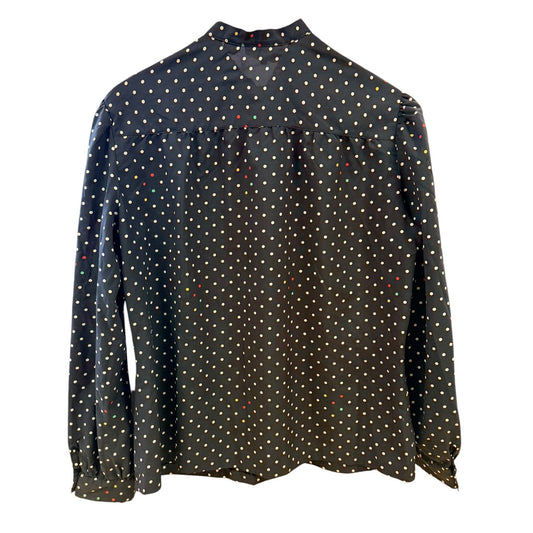 Vintage 80s Polka Dot Blouse Secretary Bow Tie Top Black White Retro Lady Manhattan Size 16