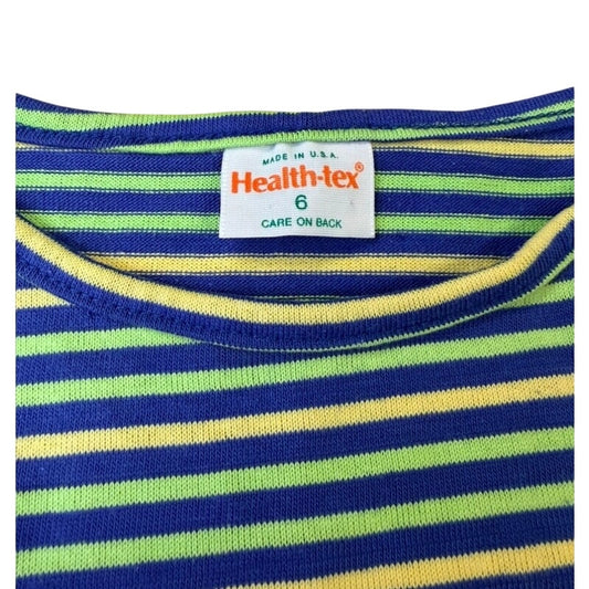Vintage 1980's Health-Tex Striped Tee Made in USA Kids Size 6 Blue Green Yellow Cotton Shirt