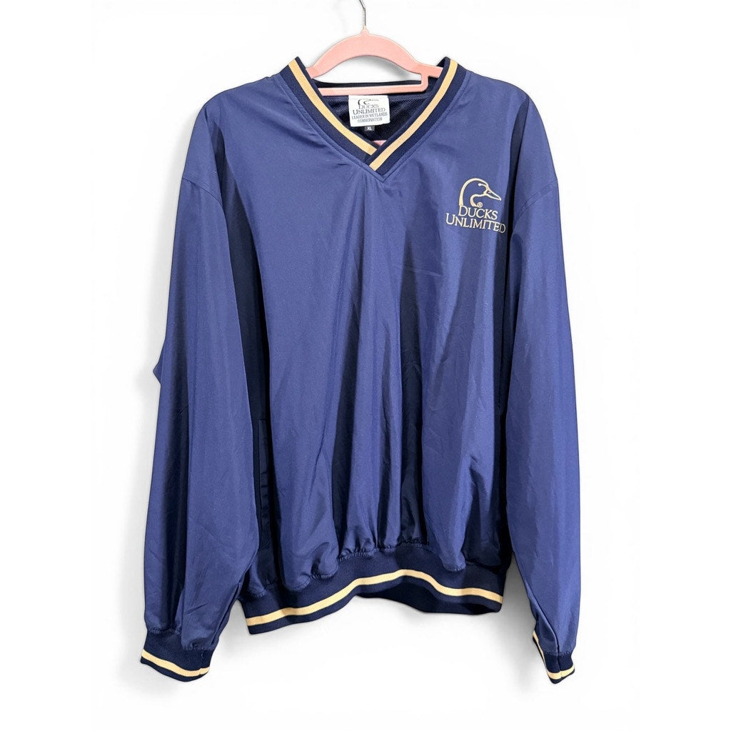 Vintage Ducks Unlimited V-Neck Pullover Windbreaker Navy Blue XL Hunting Outdoor