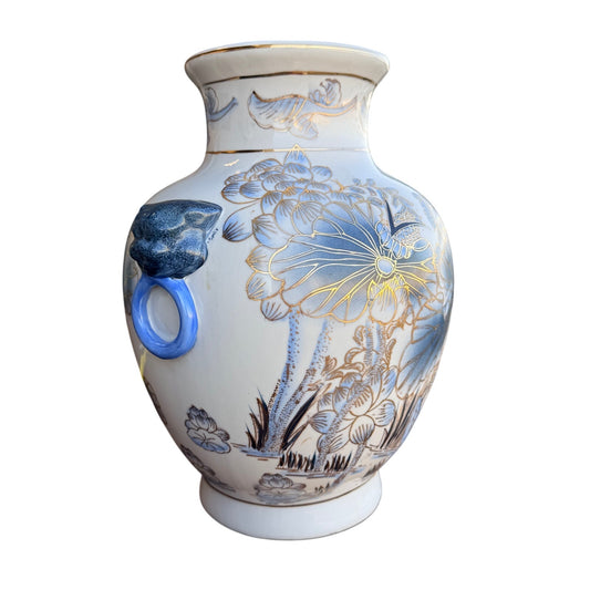 Vintage Blue & Gold Lotus Crane Vase | Double Handle Porcelain Vase | Asian Style Decor | 12” Statement Piece