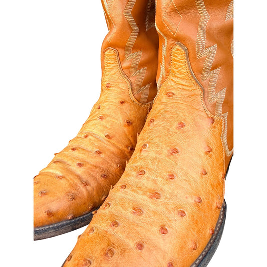 Vintage 1980's Tony Lama Ostrich Boots | Cognac Leather Western Boots | Made in USA | Size 8.5 D