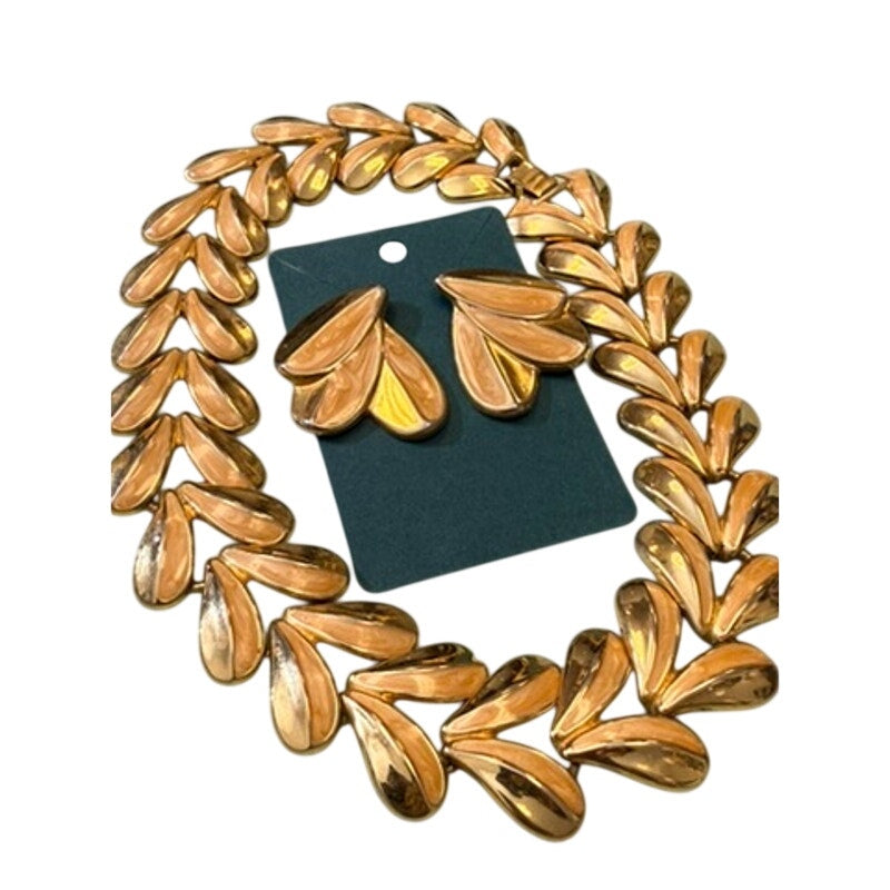 Vintage Gold Tone Leaf Necklace & Earrings Set | 80's Jewelry Set
