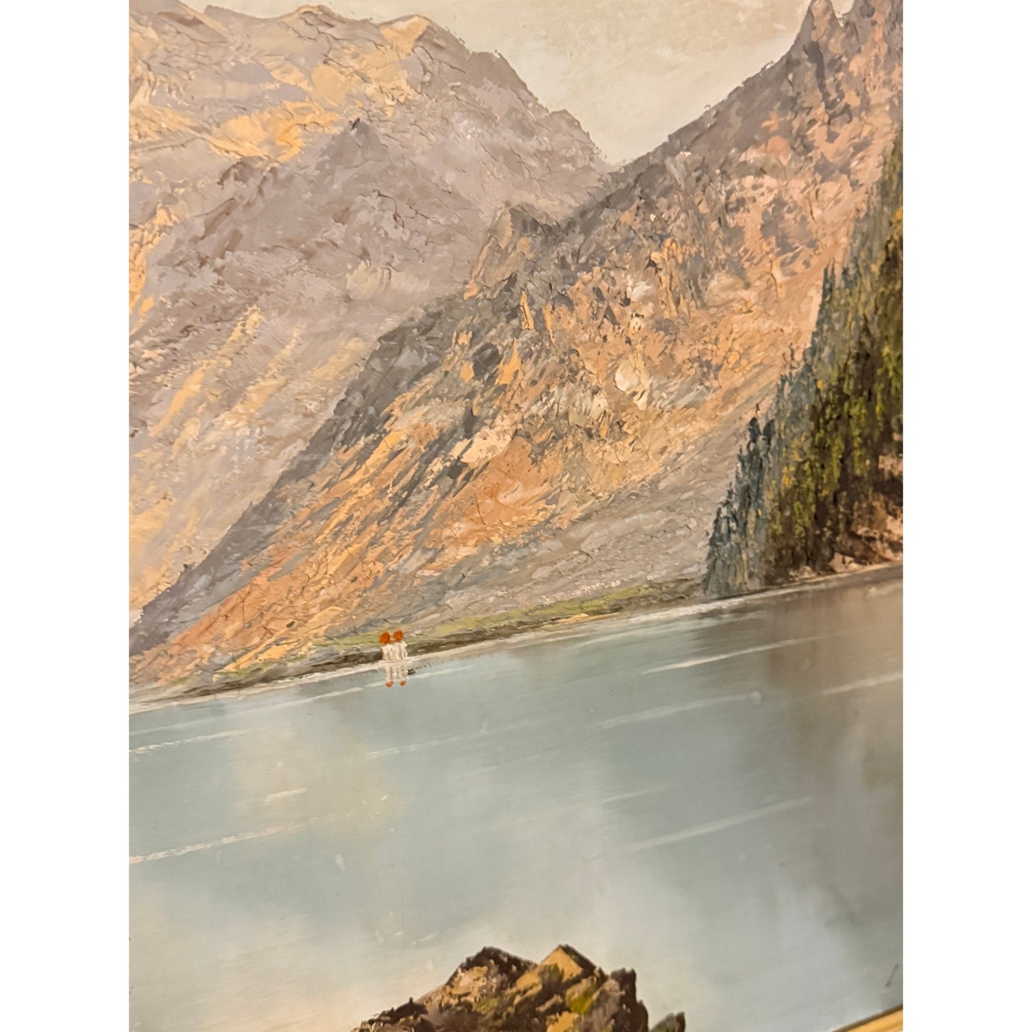 Vintage 1970's Lakeside Couple Wooded Landscape Oil Painting Signed “L Konig” 25x33