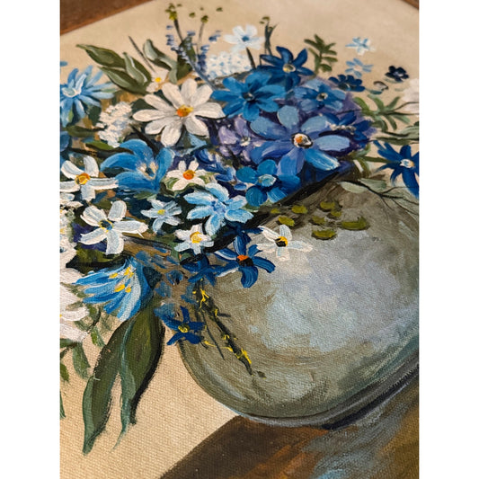 Vintage Flower Painting with Wooden Frame 21.5 x 18