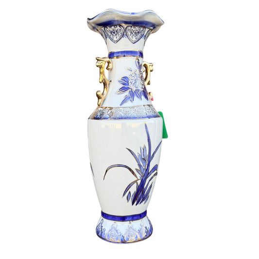 Vintage Blue & Gold Crane Vase | Double Handle Porcelain Vase | Asian Style Floral Vase | 13.5” Statement Piece