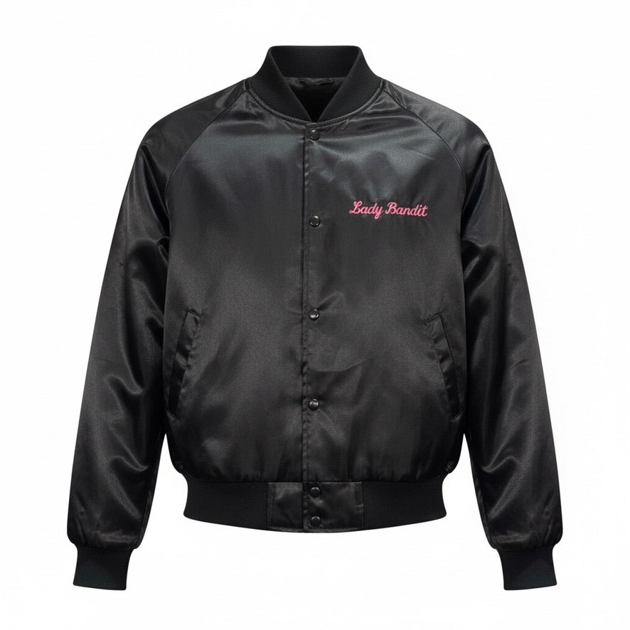 Vintage Satin Bomber Jacket Killin Time Kookers Lady Bandit Black USA Made Small Fit Retro 90s