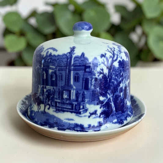 Vintage Blue & White Transferware Covered Cheese Dish / Serving Dome