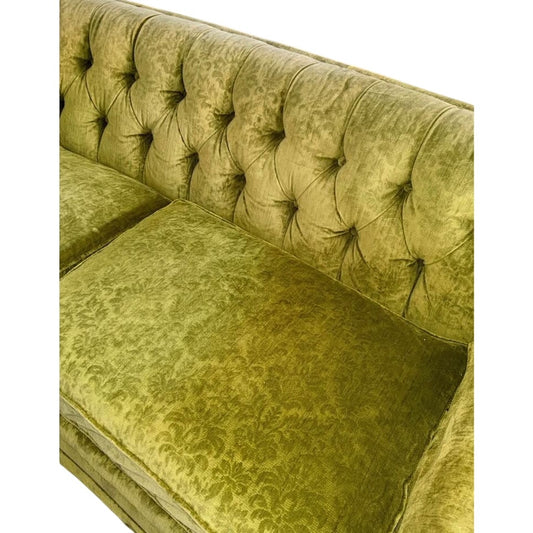 Vintage 1970s Green Velvet Curved Sofa 8ft Tufted Mid Century Hollywood Regency