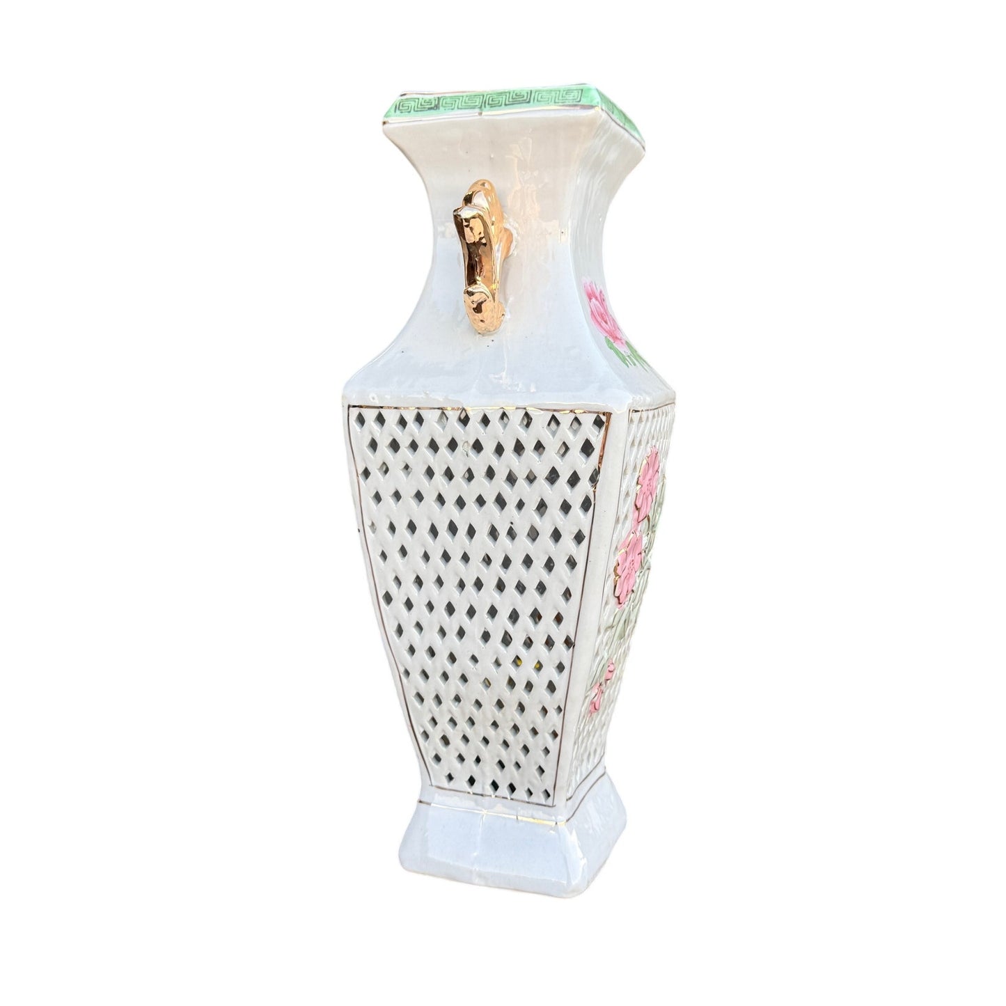 Vintage Reticulated Porcelain Vase | Gold Handle Floral Vase | Hand Painted Lattice Vase | 14” Statement Piece