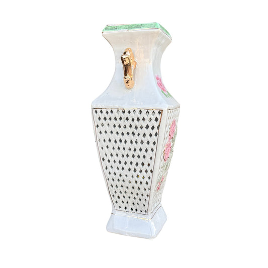 Vintage Reticulated Porcelain Vase | Gold Handle Floral Vase | Hand Painted Lattice Vase | 14” Statement Piece