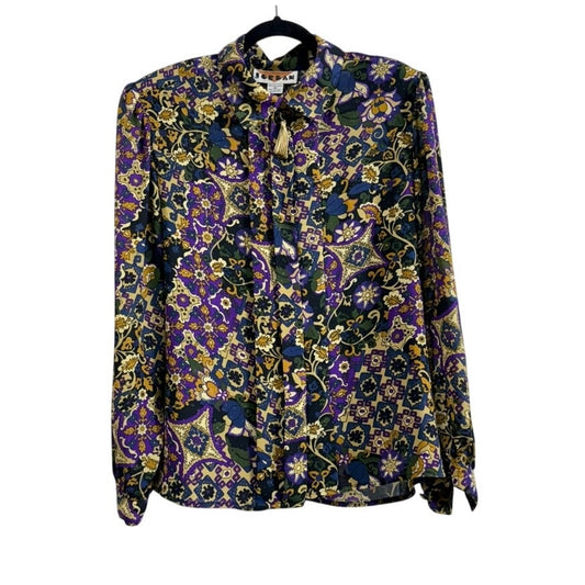 Vintage 70s Jordan Psychedelic Floral Blouse | Tassel Tie Neck | Made in Korea