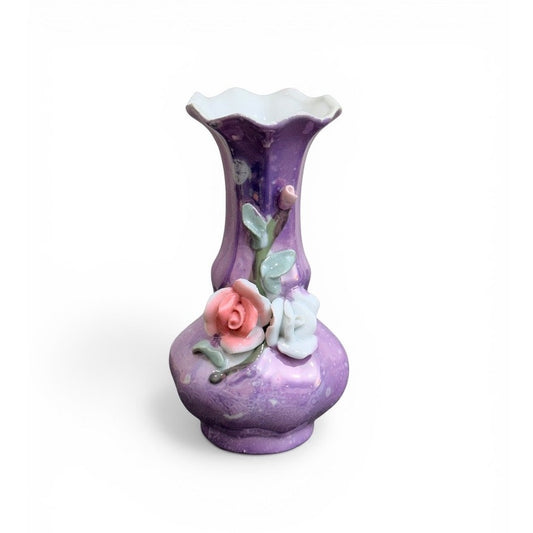 Vintage Purple Porcelain Vase w/ Applied Roses – Japan Style Floral Bud Vase