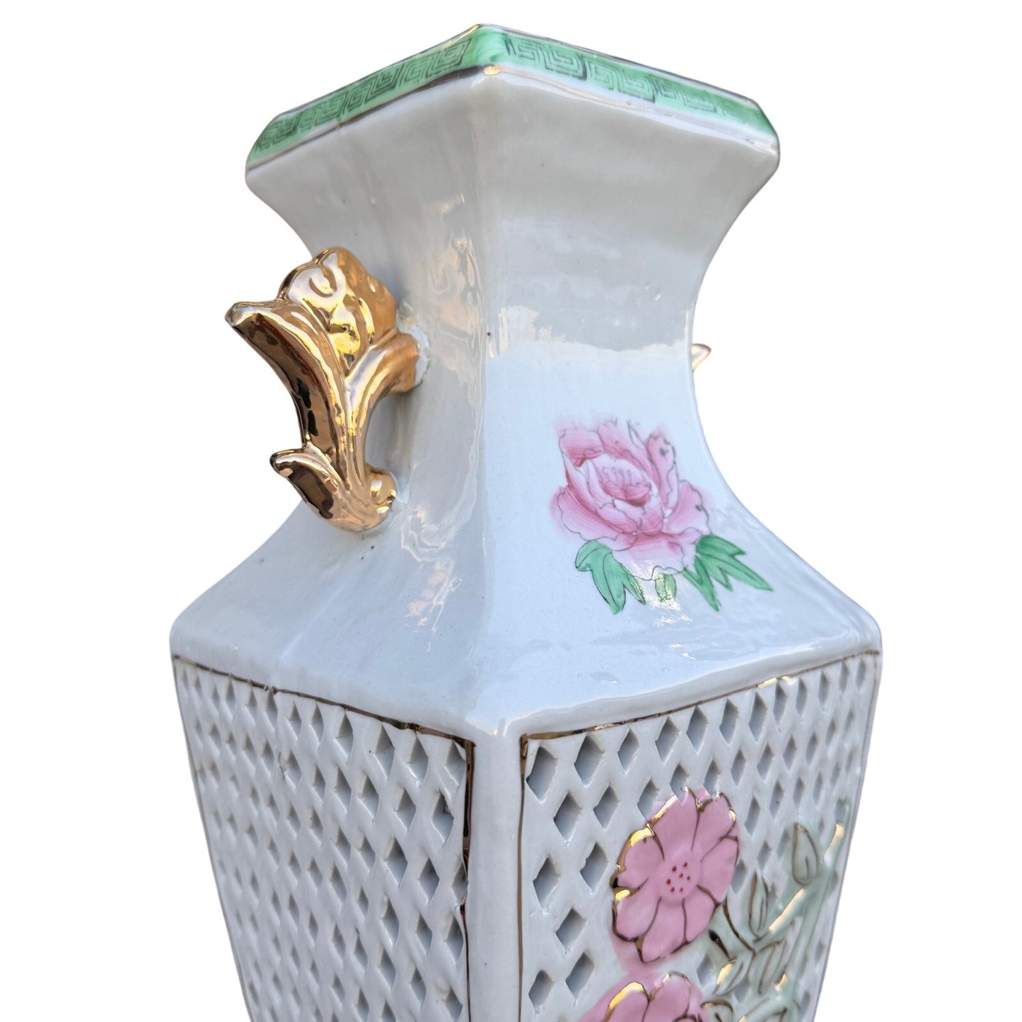 Vintage Reticulated Porcelain Vase | Gold Handle Floral Vase | Hand Painted Lattice Vase | 14” Statement Piece