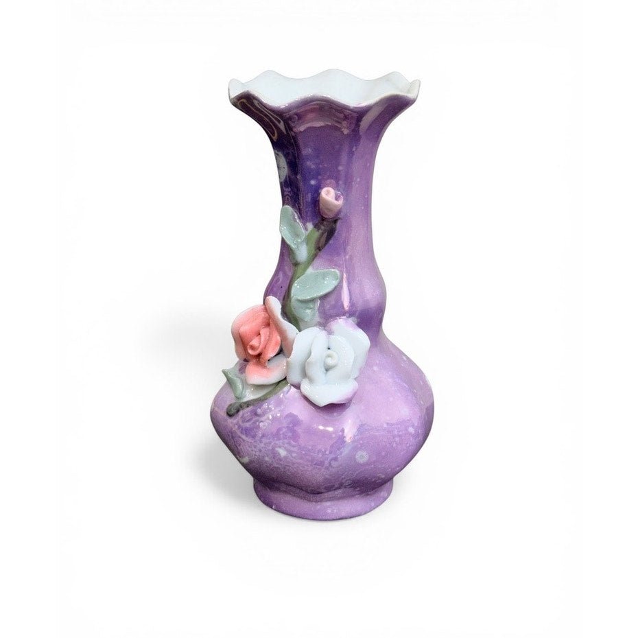 Vintage Purple Porcelain Vase w/ Applied Roses – Japan Style Floral Bud Vase