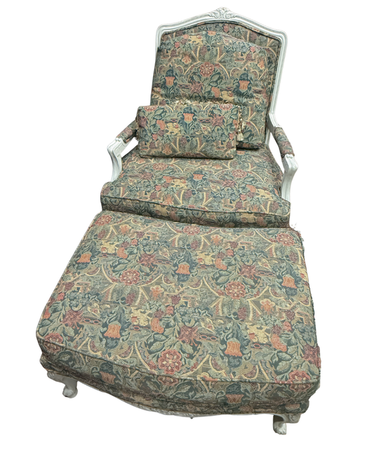 Vintage French Provincial Tapestry Chair & Ottoman