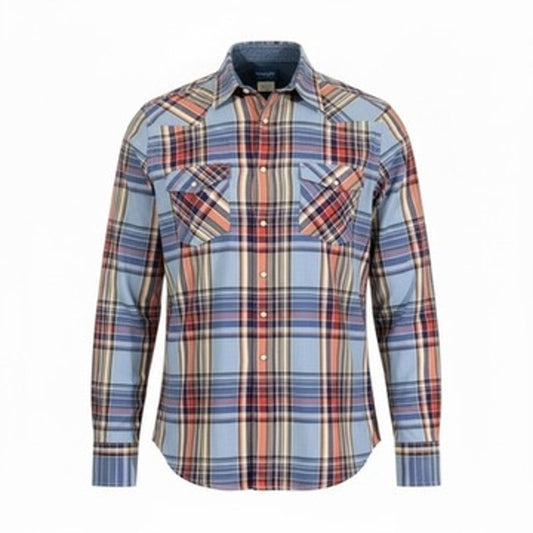 Vintage 90's Wrangler Western Plaid Pearl Snap Shirt Faded Denim Wash Cowboy