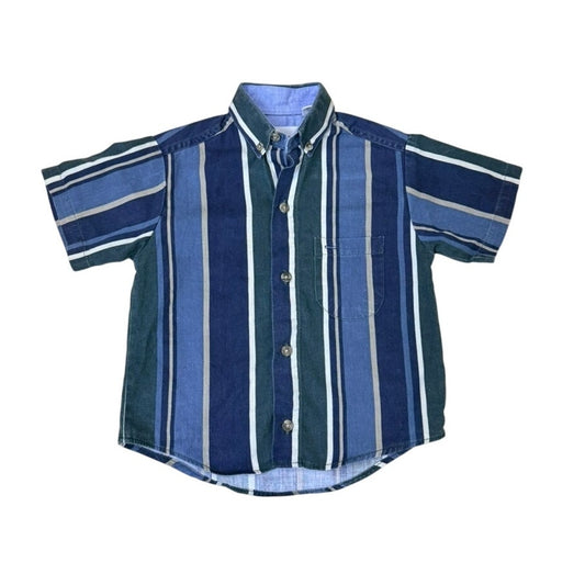 Vintage Tripod Kids Striped Button Up Size 4 Blue Green 100% Cotton Preppy Shirt