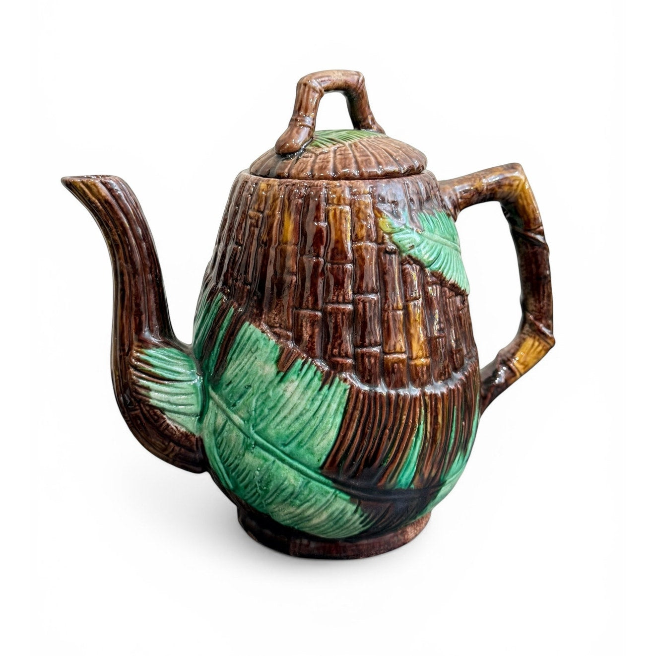 Vintage Bamboo Majolica Style Teapot – Hand-Painted Ceramic Tropical Leaf Design w/ Lid