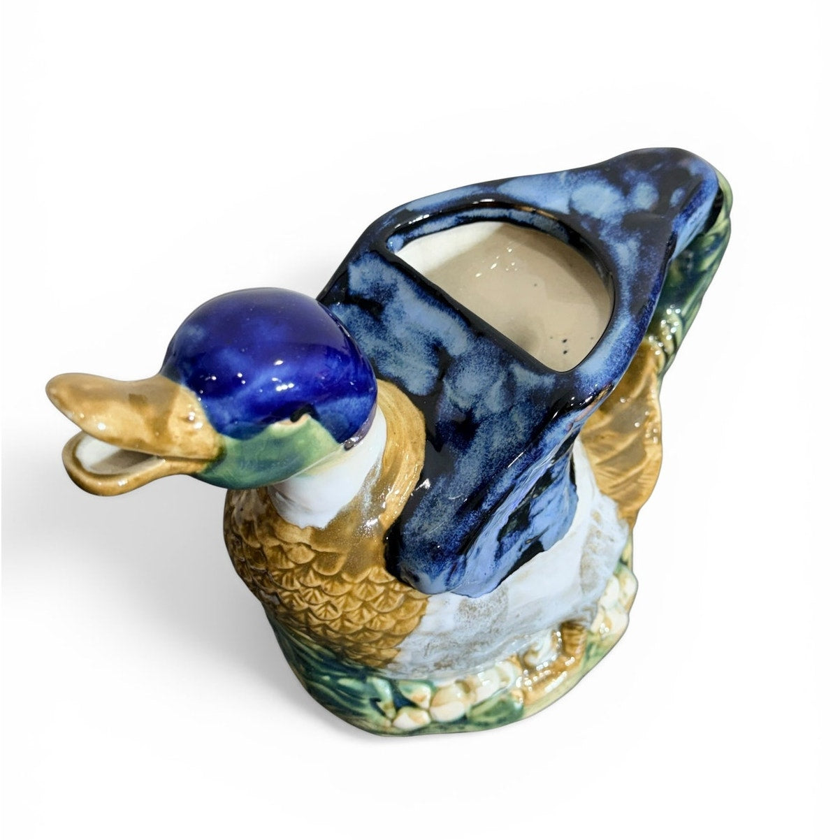 Vintage Majolica Style Duck Pitcher / Planter – Hand-Painted Ceramic Mallard