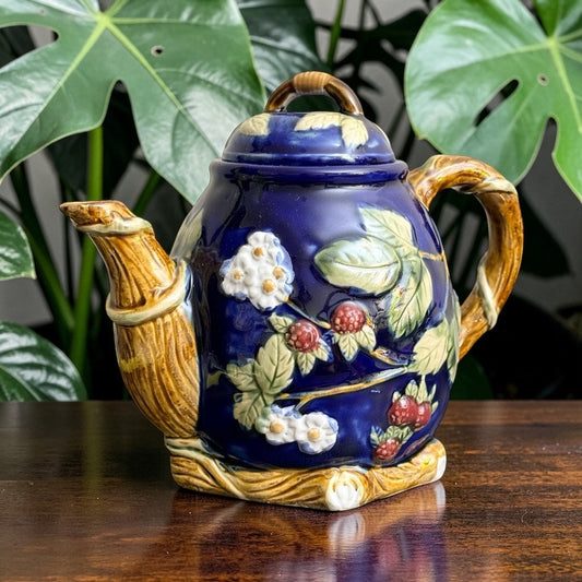 Vintage Cobalt Blue Majolica Style Teapot – Raised Blackberry & Floral Design – Cottagecore Kitchen Decor