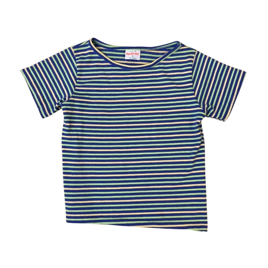 Vintage 1980's Health-Tex Striped Tee Made in USA Kids Size 6 Blue Green Yellow Cotton Shirt