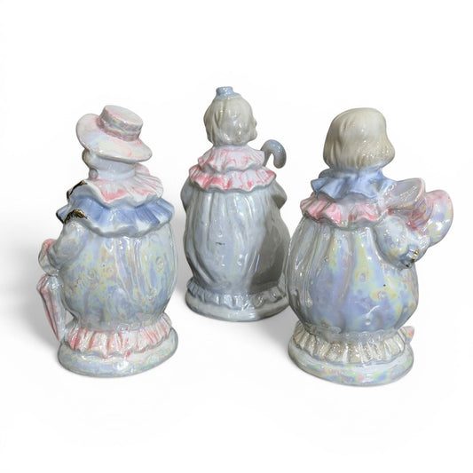 Vintage Iridescent Porcelain Clown Figurines Set of 3 – Pastel Gold Trim